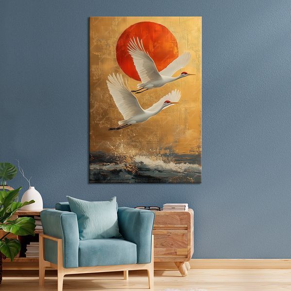 Картина на полотні Пара білих журавлів на тлі червоного сонця 51x34 см (200ML_M) (200ML_M) фото
