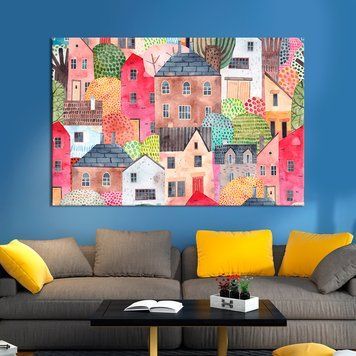 Картина на полотні Різнокольорові будинки в стилі дитячого малюнка 51x34 см (V269-1_M) V269-1_M фото