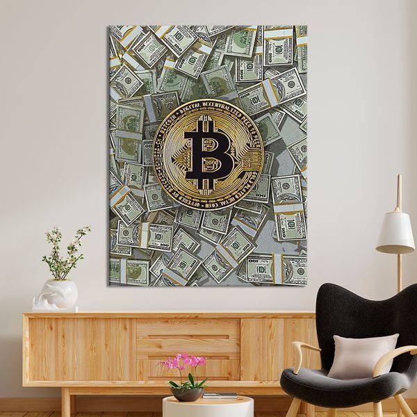 Картина на холсте мотивационная картина Монета биткоин на фоне денег 50x38 см (YM-46) YM-46_M фото