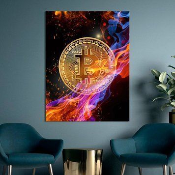 Картина на холсте мотивационная картина Монета биткоин на фоне пламени 50x38 см (YM-47) YM-47_M фото
