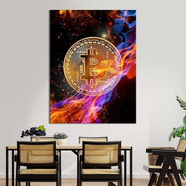 Картина на холсте мотивационная картина Монета биткоин на фоне пламени 50x38 см (YM-47) YM-47_M фото