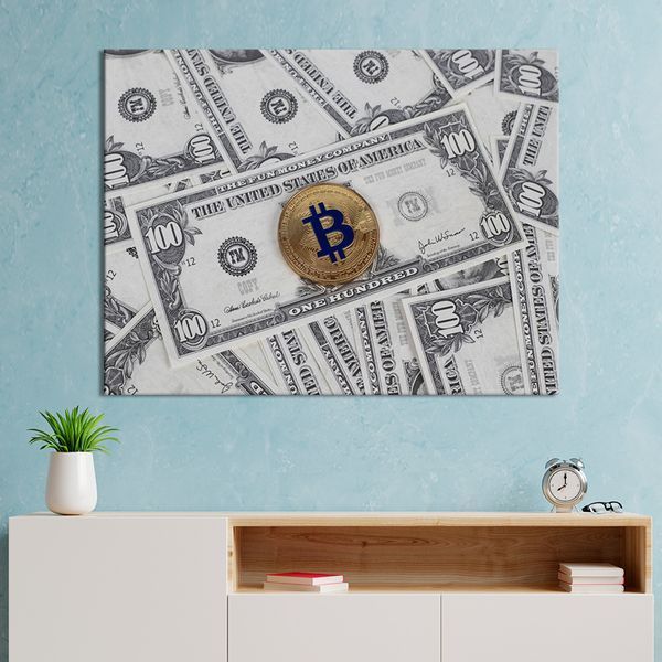 Картина на холсте мотивационная картина Стодолларовые купюры и биткоин 50x38 см (YM-50) YM-50_M фото