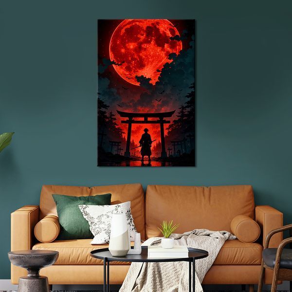 Картина на холсте Силуэт самурая на фоне арки под красной луной 51x34 см (398ML_M) (398ML_M) фото